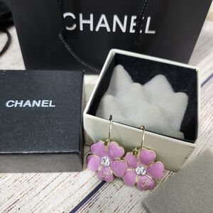 CHANEL Gold Tone Pink Enamel Flower Dangle Earrings